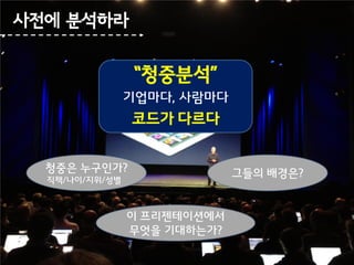 사전에 분석하라

“청중분석”
기업마다, 사람마다

코드가 다르다
청중은 누구인가?
직책/나이/지위/성별

이 프리젠테이션에서
무엇을 기대하는가?

그들의 배경은?

 