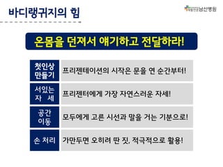 바디랭귀지의 힘
온몸을 던져서 얘기하고 전달하라!
첫인상
만들기

프리젠테이션의 시작은 문을 연 순간부터!

서있는
자 세

프리젠터에게 가장 자연스러운 자세!

공간
이동

모두에게 고른 시선과 말을 거는 기분으로!

손 처리 가만두면 오히려 딴 짓, 적극적으로 활용!

 