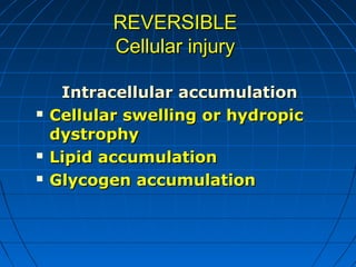 REVERSIBLE
Cellular injury






Intracellular accumulation
Cellular swelling or hydropic
dystrophy
Lipid accumulation
Glycogen accumulation

 
