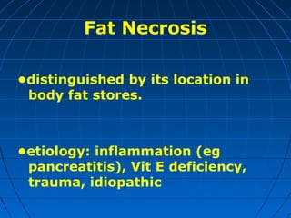 Fat Necrosis
•distinguished by its location in
body fat stores.

•etiology: inflammation (eg
pancreatitis), Vit E deficiency,
trauma, idiopathic

 