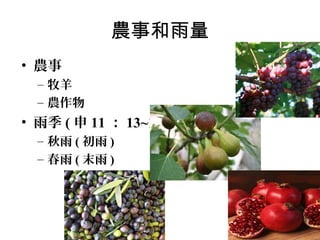 農事和雨量
• 農事
– 牧羊
– 農作物

• 雨季 ( 申 11 ： 13~14)
– 秋雨 ( 初雨 )
– 春雨 ( 末雨 )

 