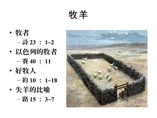 牧羊
• 牧者
– 詩 23 ： 1~2

• 以色列的牧者
– 賽 40 ： 11

• 好牧人
– 約 10 ： 1~18

• 失羊的比喻
– 路 15 ： 3~7

 