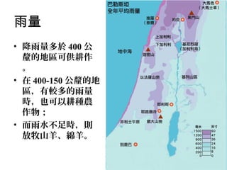 雨量
• 降雨量多於 400 公
釐的地區可供耕作
。
• 在 400-150 公釐的地
區，有較多的雨量
時，也可以耕種農
作物；
• 而雨水不足時，則
放牧山羊、綿羊。

 