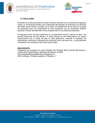 10 de 10

UNIVERSIDAD DE PAMPLONA
Una Universidad incluyente y comprometida con el
desarrollo integral

8. CONCLUSIÓN
Partiendo de la idea que todos los seres humanos nacemos con una estructura lingüística
innata, es conveniente señalar que el desarrollo del lenguaje es inherente a la influencia
del medio social, familiar y escolar; por lo tanto, el lenguaje oral de los niños en la etapa
de preescolar será una herramienta de vital importancia que los profesores deberán
potenciar a través del desarrollo de las competencias en sus prácticas educativas.
El lenguaje oral es de vital importancia en el intercambio social y cultural, es decir, nos
permite interactuar con los demás y al mismo tiempo se van interiorizando los nuevos
conocimientos que a través de éste se está generando, mediante la expresión de
sentimientos, emociones, intercambio de puntos de vista, opiniones, etc., y conjuntamente
va teniendo una concepción del mundo que le rodea.

BIBLIOGRAFÍA
Trabajando por proyectos en aulas infantiles Por Rosalba María Graciela Bernandino y
Cristina de la Calle Santana, Barcelona Noviembre de 2006
http://proyectodelenguajelibrolbum.blogspot.com/
UAS. Antología. Procesos cognitivos I. Sinaloa p. 7

Universidad de Pamplona
Pamplona - Norte de Santander - Colombia
Tels: (7) 5685303 - 5685304 - 5685305 - Fax: 5682750 - www.unipamplona.edu.co

 