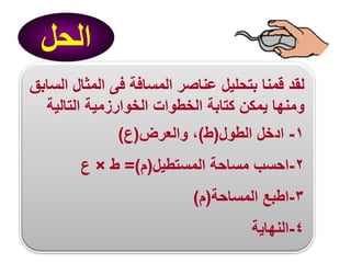 ‫الحل‬
‫لقد قمنا بتحليل عناصر المسافة فى المثال السابق‬
‫ومنها يمكن كتابة الخطوات الخوارزمية التالية‬
‫1- ادخل الطول(ط)، والعرض(ع)‬
‫2-احسب مساحة المستطيل(م)= ط × ع‬

‫3-اطبع المساحة(م)‬
‫4-النهاية‬

 