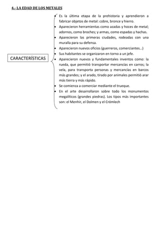 4.- LA EDAD DE LOS METALES

CARACTERÍSTICAS

 Es la última etapa de la prehistoria y aprendieron a
fabricar objetos de metal: cobre, bronce y hierro.
 Aparecieron herramientas como azadas y hoces de metal;
adornos, como broches; y armas, como espadas y hachas.
 Aparecieron las primeras ciudades, rodeadas con una
muralla para su defensa.
 Aparecieron nuevos oficios (guerreros, comerciantes…)
 Sus habitantes se organizaron en torno a un jefe.
 Aparecieron nuevos y fundamentales inventos como: la
rueda, que permitió transportar mercancías en carros; la
vela, para transporta personas y mercancías en barcos
más grandes; y el arado, tirado por animales permitió arar
más tierra y más rápido.
 Se comienza a comerciar mediante el trueque.
 En el arte desarrollaron sobre todo los monumentos
megalíticos (grandes piedras). Los tipos más importantes
son: el Menhir, el Dolmen y el Crómlech

 