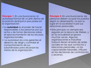 Principio 1: En una burocracia, la
autoridad formal de un jefe deriva de
la posición jerárquica que posee en
la organización.
• La autoridad es el poder de hacer
responsables a las personas por sus
actos y de tomar decisiones sobre
el aprovechamiento de los recursos
organizacionales.
• La autoridad da a los gerentes el
derecho de dirigir y controlar el
comportamiento de sus
subordinados para alcanzar las
metas de la organización.

Principio 2: En una burocracia, las
personas deben ocupar los puestos
según su desempeño, no por su
lugar en la sociedad ni por sus
relaciones personales.
• Este principio no siempre era
seguido en la época de Weber, y
en la actualidad se ignora
muchas veces. Algunas
organizaciones e industrias
todavía tienen el lastre de redes
sociales en las que contactos y
relaciones personales, no las
capacidades laborales, influyen
en las decisiones de contratación
y ascenso.

 