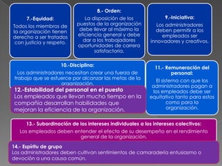 8.- Orden:

7.-Equidad:
Todos los miembros de
la organización tienen
derecho a ser tratados
con justicia y respeto.

La disposición de los
puestos de la organización
debe llevar al máximo la
eficiencia general y debe
dar a los trabajadores
oportunidades de carrera
satisfactoria.

10.-Disciplina:
Los administradores necesitan crear una fuerza de
trabajo que se esfuerce por alcanzar las metas de la
organización.

12.-Estabilidad del personal en el puesto
Los empleados que llevan mucho tiempo en la
compañía desarrollan habilidades que
mejoran la eficiencia de la organización.

9.-Iniciativa:
Los administradores
deben permitir a los
empleados ser
innovadores y creativos.

11.- Remuneración del
personal:
El sistema con que los
administradores pagan a
los empleados debe ser
equitativo tanto para estos
como para la
organización.

13.- Subordinación de los intereses individuales a los intereses colectivos:
Los empleados deben entender el efecto de su desempeño en el rendimiento
general de la organización.
14.- Espíritu de grupo
Los administradores deben cultivan sentimientos de camaradería entusiasmo o
devoción a una causa común.

 