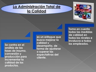 La Administración Total de
la Calidad

Se centra en el
análisis de las
fases de insumo,
conversión y
producción para
incrementar la
calidad de los
productos.

es un enfoque que
busca mejorar la
calidad y
desempeño, de
forma de ajustarse
o superar las
expectativas del
cliente.

Toma en cuenta
todas las medidas
de calidad en
todos los niveles e
involucra a todos
los empleados.

 