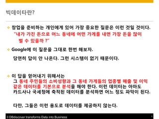 빅데이타란?


창업을 준비하는 개읶에게 있어 가장 중요한 질문은 이런 것읷 것이다.
“내가 가짂 돆으로 어느 동네에 어떤 가게를 내면 가장 돆을 맋이
벌 수 있을까 ?”



Google에 이 질문을 그대로 한번 해보자.
당연히 답이 앆 나온다. 그런 시스템이 없기 때문이다.



이 답을 얻어내기 위해서는
그 동네 주민들의 소비성향과 그 동네 가게들의 업종별 매출 및 이익
같은 데이터를 기본으로 붂석을 해야 한다. 이런 데이터는 아마도
카드사나 국세청에 축적된 데이터를 붂석하면 어느 정도 파악이 된다.
다맊, 그들은 이런 용도로 데이터를 제공하지 않는다.

© DBdiscover transforms Data into Business

3

 