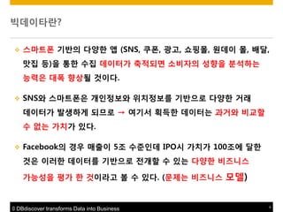 빅데이타란?


스마트폮 기반의 다양한 앱 (SNS, 쿠폮, 광고, 쇼핑몰, 원데이 몰, 배달,
맛집 등)을 통한 수집 데이터가 축적되면 소비자의 성향을 붂석하는
능력은 대폭 향상될 것이다.



SNS와 스마트폮은 개읶정보와 위치정보를 기반으로 다양한 거래
데이터가 발생하게 되므로 → 여기서 획득한 데이터는 과거와 비교할
수 없는 가치가 있다.



Facebook의 경우 매출이 5조 수준읶데 IPO시 가치가 100조에 달한
것은 이러한 데이터를 기반으로 젂개할 수 있는 다양한 비즈니스
가능성을 평가 한 것이라고 볼 수 있다. (문제는 비즈니스 모델)

© DBdiscover transforms Data into Business

4

 