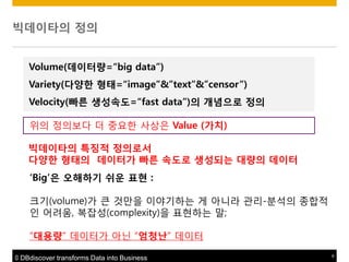 빅데이타의 정의
Volume(데이터량=“big data”)

Variety(다양한 형태=“image”&”text”&”censor”)
Velocity(빠른 생성속도=“fast data”)의 개념으로 정의
위의 정의보다 더 중요핚 사상은 Value (가치)
빅데이타의 특징적 정의로서
다양한 형태의 데이터가 빠른 속도로 생성되는 대량의 데이터
„Big‟은 오해하기 쉬운 표현 :

크기(volume)가 큰 것맊을 이야기하는 게 아니라 관리-분석의 종합적
인 어려움, 복잡성(complexity)을 표현하는 말;
“대용량” 데이터가 아닌 “엄청난” 데이터
© DBdiscover transforms Data into Business

6

 