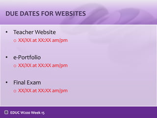 DUE DATES FOR WEBSITES
• Teacher Website
o XX/XX at XX:XX am/pm

• e-Portfolio
o XX/XX at XX:XX am/pm

• Final Exam
o XX/XX at XX:XX am/pm

EDUC W200 Week 15

 