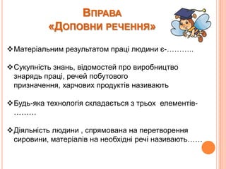 ВПРАВА

«ДОПОВНИ РЕЧЕННЯ»
Матеріальним результатом праці людини є-………..
Сукупність знань, відомостей про виробництво
знарядь праці, речей побутового
призначення, харчових продуктів називають
Будь-яка технологія складається з трьох елементів………

Діяльність людини , спрямована на перетворення
сировини, матеріалів на необхідні речі називають……

 