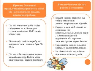 Вимоги безпеки під час
роботи з ножицями

Правила безпечної
праці, організація робочого місця
під час виконання завдань
практичної роботи


Під час виконання робіт сидіти
слід прямо, на всій поверхні
стільця, на відстані 10-15 см від
краю стола.



Відстань від очей до виробу, що
виготовляється , повинна бути 3035 см



Під час роботи світло має падати
зліва або спереду. Робоче місце
слід тримати в чистоті й порядку.



Стежте за тим, щоб ножиці не
опинилися під
виробом, оскільки, беручи виріб
, їх можна впустити і
поранитися або поранити
того, хто працює поряд із вами.



Передавайте ножиці кільцями
вперед, із замкнутими лезами.





Кладіть ножиці праворуч від
себе із зімкнутими
лезами, направленими від себе.

Не підходьте під час роботи з
ножицями до інших учнів.

 