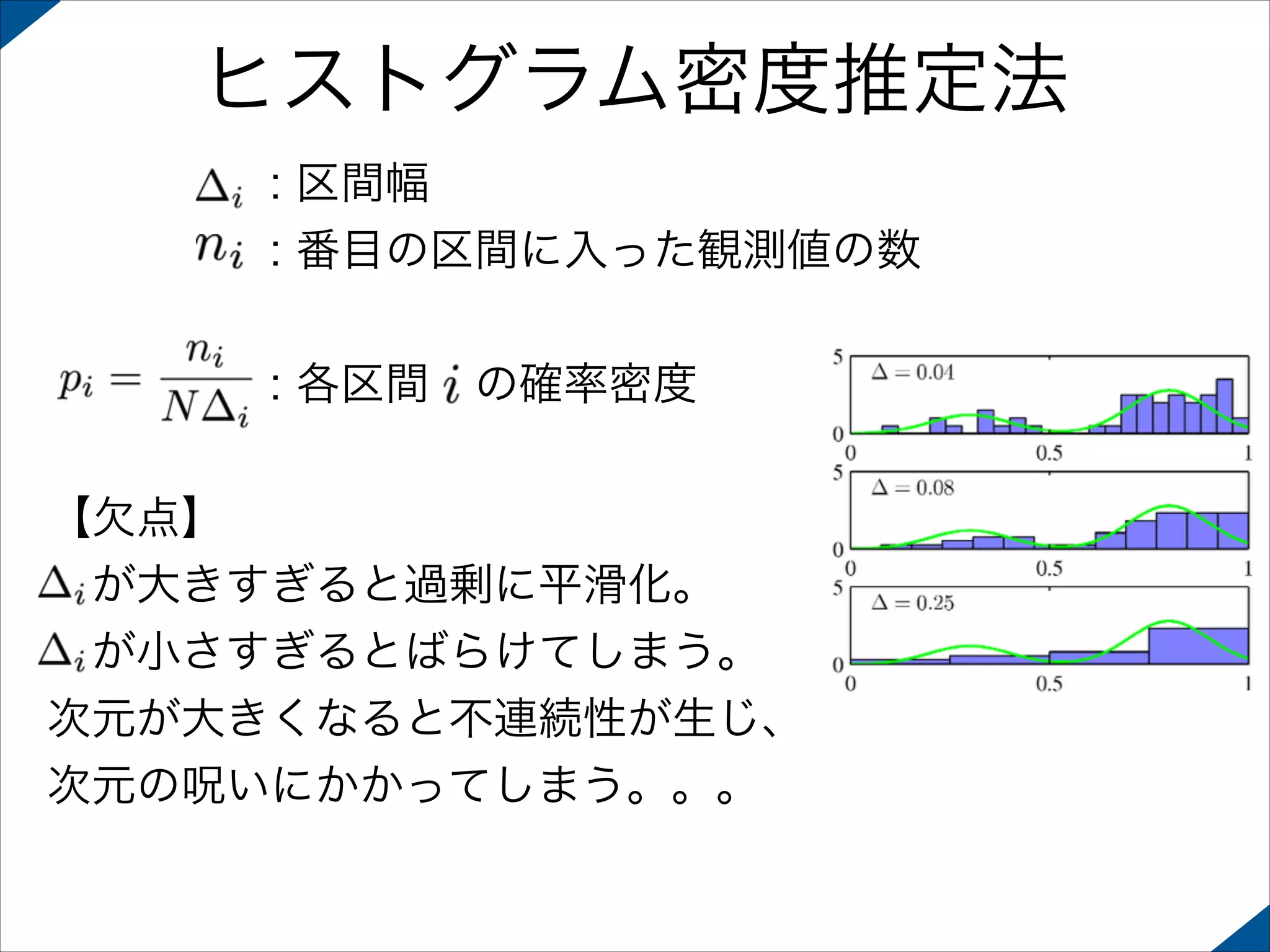 ヒストグラム密度推定法
     : 区間幅
     : 番目の区間に入った観測値の数
!

     : 各区間 の確率密度
!

【欠点】
 が大きすぎると過剰に平滑化。
 が小さすぎるとばらけてしまう。
次元が大きくなると不連続性が生じ、
次元の呪いにかかってしまう。。。

 