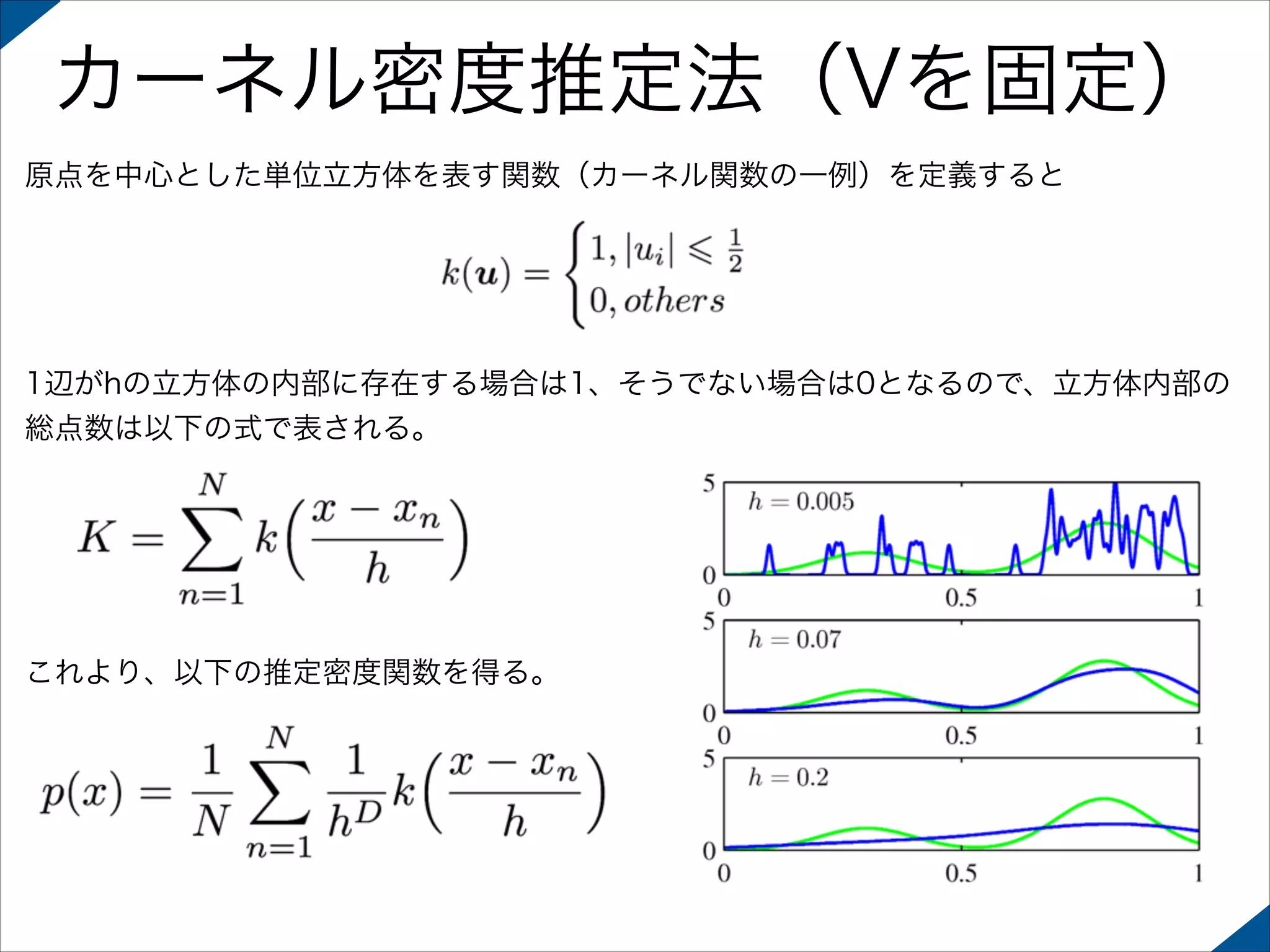 カーネル密度推定法（Vを固定）
原点を中心とした単位立方体を表す関数（カーネル関数の一例）を定義すると

1辺がhの立方体の内部に存在する場合は1、そうでない場合は0となるので、立方体内部の
総点数は以下の式で表される。

これより、以下の推定密度関数を得る。

 