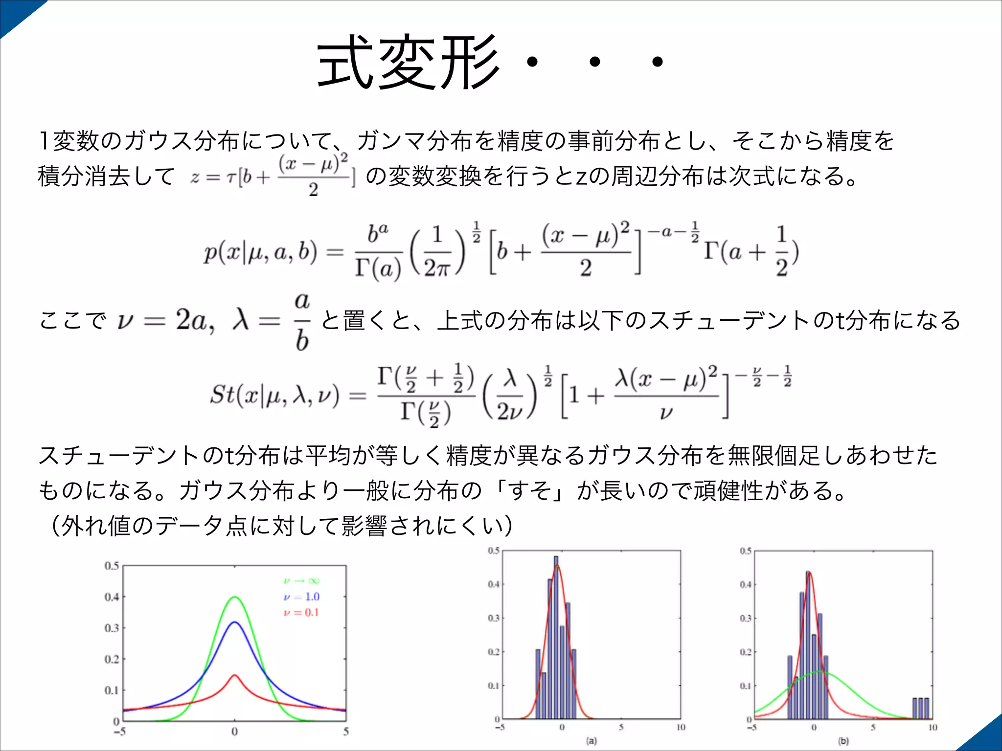 式変形・・・
1変数のガウス分布について、ガンマ分布を精度の事前分布とし、そこから精度を
積分消去して        の変数変換を行うとzの周辺分布は次式になる。

ここで         と置くと、上式の分布は以下のスチューデントのt分布になる

スチューデントのt分布は平均が等しく精度が異なるガウス分布を無限個足しあわせた
ものになる。ガウス分布より一般に分布の「すそ」が長いので頑健性がある。
（外れ値のデータ点に対して影響されにくい）

 