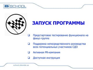 ЗАПУСК ПРОГРАММЫ


Предстартовое тестирование функционала на
фокус-группе



Поддержка непосредственного руководства
всех потенциальных участников СДО



Активная PR-кампания



Доступная инструкция

 
