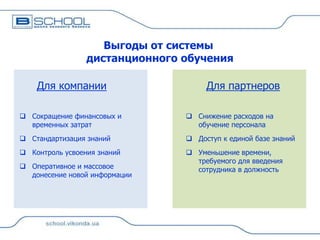 Выгоды от системы
дистанционного обучения
Для компании

Для партнеров

 Сокращение финансовых и
временных затрат

 Снижение расходов на
обучение персонала

 Стандартизация знаний

 Доступ к единой базе знаний

 Контроль усвоения знаний

 Уменьшение времени,
требуемого для введения
сотрудника в должность

 Оперативное и массовое
донесение новой информации

 