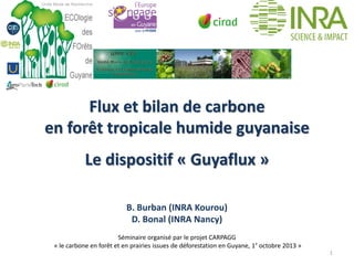 Flux et bilan de carbone
en forêt tropicale humide guyanaise
Le dispositif « Guyaflux »
B. Burban (INRA Kourou)
D. Bonal (INRA Nancy)
Séminaire organisé par le projet CARPAGG
« le carbone en forêt et en prairies issues de déforestation en Guyane, 1° octobre 2013 »

1

 