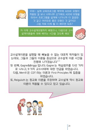 우와~ 실제 교육프로그램 제작에 ADDIE 모형이
적용된 걸 보니 너무너무 신기해요. ADDIE 모형을
따라서 프로그램을 설계해 나가니까 더 깔끔한
것 같고 여러모로 좋은 모형인 것 같아요!
그럼 저희 이제 뭘 더 배우면 되죠?
자 이제 교수설계모형까지 배웠으니, 다음으로 교수
설계이론들에 대해 배우는 시간을 갖도록 해요^^

교수설계이론을 설명할 때 빼놓을 수 없는 대표적 학자들이 있
는데요, 그들과 그들의 이론들 중심으로 교수설계 이론 시간을
진행해 나가겠습니다^^
첫 번째, Gagne&Briggs 입니다. Gagne 는 학습범주를 다섯 가지
로 나누고, 9 가지 교수사태에 대한 언급을 하였습니다.
다음, Merrill 은 CDT 라는 이론과 First Principles 에 집중을
하였습니다.
또, Reiguluth 는 정교화 이론을 주장하며 교수설계 역시 정교화
이론이 적용될 수 있다고 믿고 있습니다.

24

 