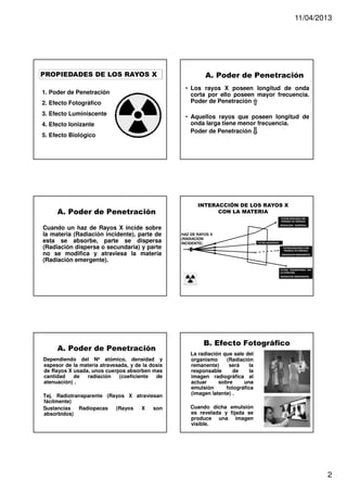 11/04/2013

PROPIEDADES DE LOS RAYOS X
1. Poder de Penetración
2. Efecto Fotográfico
3. Efecto Luminiscente
4. Efecto Ionizante
5. Efecto Biológico

A. Poder de Penetración

A. Poder de Penetración
• Los rayos X poseen longitud de onda
corta por ello poseen mayor frecuencia.
Poder de Penetración
• Aquellos rayos que poseen longitud de
onda larga tiene menor frecuencia.
Poder de Penetración

INTERACCIÓN DE LOS RAYOS X
CON LA MATERIA
FOTON DESVIADO SIN
PERDIDA DE ENERGIA

Cuando un haz de Rayos X incide sobre
la materia (Radiación incidente), parte de
esta se absorbe, parte se dispersa
(Radiación dispersa o secundaria) y parte
no se modifica y atraviesa la materia
(Radiación emergente).

(RADIACION DISPERSA)

HAZ DE RAYOS X
(RADIACION
INCIDENTE)

FOTON ABSORVIDO
FOTON DESVIADO CON
PERDIDA DE ENERGIA
(RADIACION REMANENTE)

FOTON TRANSFERIDO SIN
ALTERACIÓN
(RADIACION EMERGENTE)

A. Poder de Penetración
Dependiendo del Nº atómico, densidad y
espesor de la materia atravesada, y de la dosis
de Rayos X usada, unos cuerpos absorben mas
cantidad
de
radiación
(coeficiente
de
atenuación) .
Tej. Radiotransparente (Rayos X atraviesan
fácilmente)
Sustancias
Radiopacas
(Rayos
X
son
absorbidos)

B. Efecto Fotográfico
La radiación que sale del
organismo
(Radiación
remanente)
será
la
responsable
de
la
imagen radiográfica al
actuar
sobre
una
emulsión
fotográfica
(imagen latente) .
Cuando dicha emulsión
es revelada y fijada se
produce una imagen
visible.

2

 