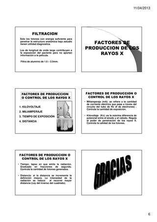 11/04/2013

FILTRACION
Solo los fotones con energía suficiente para
penetrar la estructura anatómica bajo estudio
tienen utilidad diagnostica.
Los de longitud de onda larga contribuyen a
la exposición del paciente pero no aportan
información a la película.

FACTORES DE
PRODUCCION DE LOS
RAYOS X

Filtro de aluminio de 1.5 – 2.5mm.

FACTORES DE PRODUCCION
O CONTROL DE LOS RAYOS X
1. KILOVOLTAJE
2. MILIAMPERAJE
3. TIEMPO DE EXPOSICIÓN
4. DISTANCIA

FACTORES DE PRODUCCION O
CONTROL DE LOS RAYOS X
• Miliamperaje (mA): se refiere a la cantidad
de corriente eléctrica que pasa a través del
circuito del tubo de Rx (# de electrones) .
Controla la cantidad de exposición.
• Kilovoltaje (Kv): es la máxima diferencia de
potencial entre el ánodo y el cátodo. Regula
el poder de penetración de los rayos X.
Controla la calidad de los fotones.

FACTORES DE PRODUCCION O
CONTROL DE LOS RAYOS X
• Tiempo: lapso en que emite la radiación.
Graduado en fracciones de segundo.
Controla la cantidad de fotones generados.
• Distancia: si la distancia se incrementa la
definición mejora. La intensidad de la
radiación se reduce
al recorrer mayor
distancia (Ley del inverso del cuadrado).

6

 