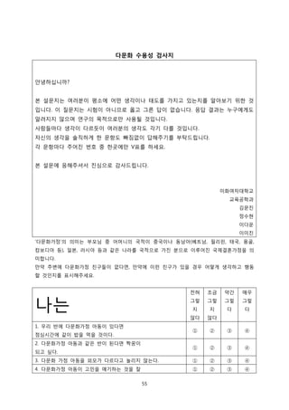 다문화 수용성 검사지

안녕하십니까?
본 설문지는 여러분이 평소에 어떤 생각이나 태도를 가지고 있는지를 알아보기 위한 것
입니다. 이 질문지는 시험이 아니므로 옳고 그른 답이 없습니다. 응답 결과는 누구에게도
알려지지 않으며 연구의 목적으로만 사용될 것입니다.
사람들마다 생각이 다르듯이 여러분의 생각도 각기 다를 것입니다.
자신의 생각을 솔직하게 한 문항도 빠짐없이 답해주기를 부탁드립니다.
각 문항마다 주어진 번호 중 한곳에만 V표를 하세요.
본 설문에 응해주셔서 진심으로 감사드립니다.

이화여자대학교
교육공학과
김문진
정수현
이다운
이미진
‘다문화가정’의 의미는 부모님 중 어머니의 국적이 중국이나 동남아(베트남, 필리핀, 태국, 몽골,
캄보디아 등), 일본, 러시아 등과 같은 나라를 국적으로 가진 분으로 이루어진 국제결혼가정을 의
미합니다.
만약 주변에 다문화가정 친구들이 없다면, 만약에 이런 친구가 있을 경우 어떻게 생각하고 행동
할 것인지를 표시해주세요.
전혀

조금

약간

매우

그렇

그렇

그렇

그렇

지

지

다

다

않다

않다

①

②

③

④

①

②

③

④

3. 다문화 가정 아동을 외모가 다르다고 놀리지 않는다.

①

②

③

④

4. 다문화가정 아동이 고민을 얘기하는 것을 잘

①

②

③

④

나는
1. 우리 반에 다문화가정 아동이 있다면
점심시간에 같이 밥을 먹을 것이다.
2. 다문화가정 아동과 같은 반이 된다면 짝꿍이
되고 싶다.

55

 