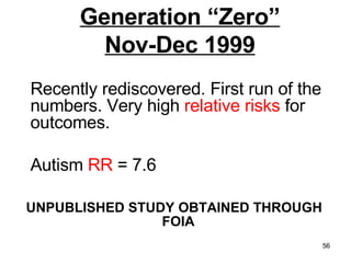 Generation “Zero”
Nov-Dec 1999
Recently rediscovered. First run of the
numbers. Very high relative risks for
outcomes.
Autism RR = 7.6
UNPUBLISHED STUDY OBTAINED THROUGH
FOIA
56

 