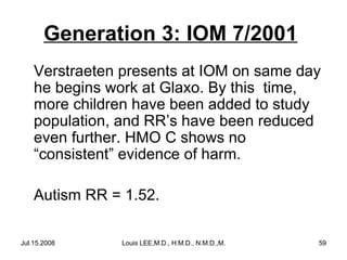 Generation 3: IOM 7/2001
Verstraeten presents at IOM on same day
he begins work at Glaxo. By this time,
more children have been added to study
population, and RR’s have been reduced
even further. HMO C shows no
“consistent” evidence of harm.
Autism RR = 1.52.
Jul.15.2008

Louis LEE,M.D., H.M.D., N.M.D.,M.B.A.

59

 