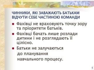 ЧИННИКИ, ЯКІ ЗАВАЖАЮТЬ БАТЬКАМ
ВІДЧУТИ СЕБЕ ЧАСТИНОЮ КОМАНДИ





Фахівці не враховують точку зору
та пріоритети батьків.
Фахівці бачать лише розлади
дитини і не розглядають її
цілісно.
Батьки не залучаються
до планування
навчального процесу.
5

 