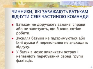 ЧИННИКИ, ЯКІ ЗАВАЖАЮТЬ БАТЬКАМ
ВІДЧУТИ СЕБЕ ЧАСТИНОЮ КОМАНДИ






Батькам не доручають важливі справи
або не запитують, що б вони хотіли
робити.
Зусилля батьків не підтримуються або
їхні думки й переконання не знаходять
відгуку.
У батьків може викликати острах і
непевність перебування серед групи
фахівців.
6

 
