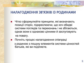 НАЛАГОДЖЕННЯ ЗВ'ЯЗКІВ ІЗ РОДИНАМИ




Чітко сформулюйте принципи, які визначають
позиції сторін, підкреслюючи, що хоч обидві
системи поглядів та переконань і не збігаються,
однак вони є однаково цінними й заслуговують
на повагу.
Почніть процес налагодження співпраці
з родиною з пошуку елементів системи цінностей
батьків, які ви поділяєте.

8

 