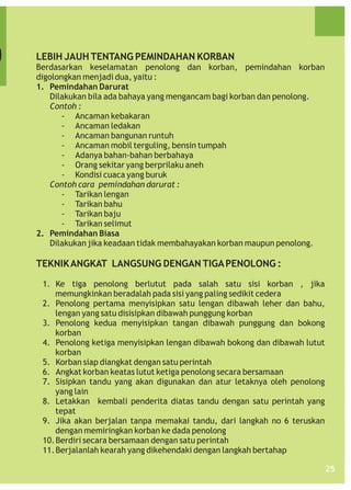 LEBIH JAUH TENTANG PEMINDAHAN KORBAN
Berdasarkan keselamatan penolong dan korban, pemindahan korban
digolongkan menjadi dua, yaitu :
1. Pemindahan Darurat
Dilakukan bila ada bahaya yang mengancam bagi korban dan penolong.
Contoh :
- Ancaman kebakaran
- Ancaman ledakan
- Ancaman bangunan runtuh
- Ancaman mobil terguling, bensin tumpah
- Adanya bahan-bahan berbahaya
- Orang sekitar yang berprilaku aneh
- Kondisi cuaca yang buruk
Contoh cara pemindahan darurat :
- Tarikan lengan
- Tarikan bahu
- Tarikan baju
- Tarikan selimut
2. Pemindahan Biasa
Dilakukan jika keadaan tidak membahayakan korban maupun penolong.

TEKNIK ANGKAT LANGSUNG DENGAN TIGA PENOLONG :
1. Ke tiga penolong berlutut pada salah satu sisi korban , jika
memungkinkan beradalah pada sisi yang paling sedikit cedera
2. Penolong pertama menyisipkan satu lengan dibawah leher dan bahu,
lengan yang satu disisipkan dibawah punggung korban
3. Penolong kedua menyisipkan tangan dibawah punggung dan bokong
korban
4. Penolong ketiga menyisipkan lengan dibawah bokong dan dibawah lutut
korban
5. Korban siap diangkat dengan satu perintah
6. Angkat korban keatas lutut ketiga penolong secara bersamaan
7. Sisipkan tandu yang akan digunakan dan atur letaknya oleh penolong
yang lain
8. Letakkan kembali penderita diatas tandu dengan satu perintah yang
tepat
9. Jika akan berjalan tanpa memakai tandu, dari langkah no 6 teruskan
dengan memiringkan korban ke dada penolong
10. Berdiri secara bersamaan dengan satu perintah
11. Berjalanlah kearah yang dikehendaki dengan langkah bertahap
25

 