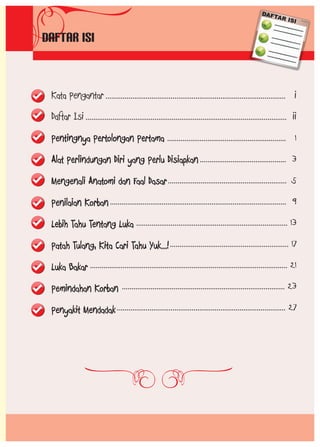 DAFTAR ISI

Kata Pengantar .............................................................................................. i
Daftar Isi ......................................................................................................... ii
Pentingnya Pertolongan Pertama .............................................................. 1
Alat Perlindungan Diri yang Perlu Disiapkan ............................................. 3
Mengenali Anatomi dan Faal Dasar .............................................................. 5
Penilaian Korban ............................................................................................ 9
Lebih Tahu Tentang Luka ............................................................................... 13
Patah Tulang, Kita Cari Tahu Yuk...! .............................................................. 17
Luka Bakar ....................................................................................................... 21
Pemindahan Korban ..................................................................................... 23
Penyakit Mendadak ........................................................................................ 27

 
