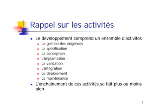 Rappel sur les activités
Le développement comprend un ensemble d’activités
La gestion des exigences
La spécification
La conception
L’implantation
La validation
L’intégration
Le déploiement
La maintenance

L’enchaînement de ces activités se fait plus ou moins
bien
3

 