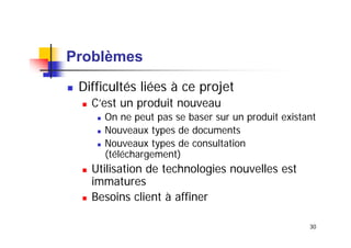 Problèmes
Difficultés liées à ce projet
C’est un produit nouveau
On ne peut pas se baser sur un produit existant
Nouveaux types de documents
Nouveaux types de consultation
(téléchargement)

Utilisation de technologies nouvelles est
immatures
Besoins client à affiner
30

 
