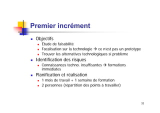 Premier incrément
Objectifs
Étude de faisabilité
Focalisation sur la technologie
ce n’est pas un prototype
Trouver les alternatives technologiques si problème

Identification des risques
Connaissances techno. insuffisantes
immédiates

formations

Planification et réalisation
1 mois de travail + 1 semaine de formation
2 personnes (répartition des points à travailler)

32

 