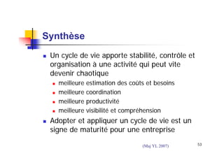 Synthèse
Un cycle de vie apporte stabilité, contrôle et
organisation à une activité qui peut vite
devenir chaotique
meilleure
meilleure
meilleure
meilleure

estimation des coûts et besoins
coordination
productivité
visibilité et compréhension

Adopter et appliquer un cycle de vie est un
signe de maturité pour une entreprise
(Maj YL 2007)

53

 