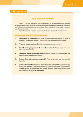 Módulo V
CARTILLA Nº 18

¿QUÉ DECISIÓN TOMARÉ?
Martha y Luis son premiados con entradas para un programa de concursos para
jóvenes en la televisión, donde se presentará además un artista internacional del momento,
coincidentemente, ese día tienen programado el último examen de matemáticas y no saben
que decisión tomarán.
Siguiendo los pasos descritos exprésanos ¿Cuál sería la mejor decisión a tomar?
PASOS PARA UNA DECISIÓN ACERTADA
1.

Definir cuál es el problema: ¿Cuál es el motivo de preocupación?, ¿Cuál es la
situación?, ¿Cuál es el problema?; si no está claro, se buscará más información.

2.

Proponer las alternativas: Considerar varias alternativas, mínimo 5.

2.

Considerar los pro y contras de cada alternativa: Analizar cada alternativa en
base a sus consecuencias.

4.

Elegir la(s) mejor(es) alternativa(s): Se hará en función a la(s) alternativa(s) que
presente más probabilidades positivas.

5.

Ejecutar la(s) alternativa(s) elegida(s): Poner en práctica la(s) alternativa(s)
elegida(s).

6.

Evaluar el resultado: Se realizará, después de haber ejecutado la(s) alternativa(s)
elegida(s); es positivo si el problema disminuye o desaparece, ante lo cual felicítense.
Es negativa si el problema sigue igual o peor, entonces vuelva desde el principio a
aplicar los pasos de toma de decisiones.

81

 