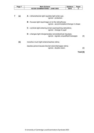 Page 7

7

Mark Scheme
IGCSE EXAMINATIONS – JUNE 2003

(a)

Syllabus
0610

Paper
2

A – refracts/bends light rays/lets light enter eye;
ignore - protection
B – focuses light rays/image on to the retina/fovea;
ignore - accommodation/change in shape
C – controls light entering (inner) eye/reaching retina/lens;
ignore - change in pupil
D – changes light into/generates nerve/electrical impulses;
ignore - signals unqualified/messages

(b)

[4]

more/too much light enters/reaches retina;
dazzles person/causes blurred vision/damages retina;
ignore - double vision.

[2]
Total [6]

© University of Cambridge Local Examinations Syndicate 2003

 