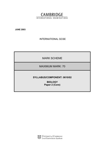 JUNE 2003

INTERNATIONAL GCSE

MARK SCHEME
MAXIMUM MARK: 70

SYLLABUS/COMPONENT: 0610/02
BIOLOGY
Paper 2 (Core)

 