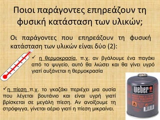 Ποιοι παράγοντες επηρεάζουν τη
φυσική κατάσταση των υλικών;
Οι παράγοντες που επηρεάζουν τη φυσική
κατάσταση των υλικών είναι δύο (2):
 η θερμοκρασία, π.χ. αν βγάλουμε ένα παγάκι
από το ψυγείο, αυτό θα λιώσει και θα γίνει υγρό
γιατί αυξάνεται η θερμοκρασία
η πίεση π.χ. το γκαζάκι περιέχει μια ουσία
που λέγεται βουτάνιο και είναι υγρή γιατί
βρίσκεται σε μεγάλη πίεση. Αν ανοίξουμε τη
στρόφιγγα, γίνεται αέριο γιατί η πίεση μικραίνει.

 
