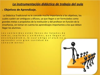 La instrumentación didáctica de trabajo del aula


Objetivos de Aprendizaje.

La Didáctica Tradicional no le concede mucha importancia a los objetivos, los
cuales suelen ser ambiguos y difusos, ya que llegan a ser formulados como
grandes metas o propósitos de la institución y del profesor en función de la
enseñanza, sin tomar en cuenta los aprendizajes importantes a los que deban
llegar los alumnos.
Lo s co n t
te m a s, c
e n c ic lo p
a p re n d e
c o n o c im

e n id o s e s t
a p ít u lo s y
e d is m o , lo
r u n a g ra n
ie n t o s

á n lle n o s d e lis t a d o s d e
u n id a d e s , q u e lle g a n a l
c u a l o b lig a a l a lu m n o a
c a n t id a d d e

 