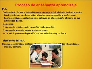 Proceso de enseñanza aprendizaje
PEA.
Es el conjunto de pasos sistemáticamente cuyo propósito brindar los instrumentos
teórico-prácticos que le permitan al ser humano desarrollar y perfeccionar
hábitos, actitudes, aptitudes que se apliquen en el desempeño eficiente en sus
actividades diarias.
Elementos.
El que puede enseñar, quiere enseñar y sabe enseñar;
El que puede aprender quiere y sabe aprender.
Ha de existir pues una disposición por parte de alumno y profesor.

Elementos del PEA.
Objetivos, contenidos, profesor, alumno, conocimientos, hábitos y habilidades,
medios, contexto.

 