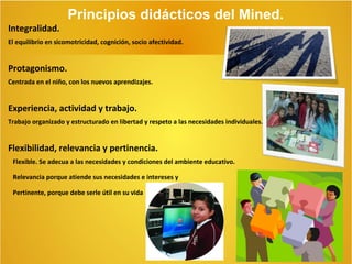 Principios didácticos del Mined.
Integralidad.
El equilibrio en sicomotricidad, cognición, socio afectividad.

Protagonismo.
Centrada en el niño, con los nuevos aprendizajes.

Experiencia, actividad y trabajo.
Trabajo organizado y estructurado en libertad y respeto a las necesidades individuales.

Flexibilidad, relevancia y pertinencia.
Flexible. Se adecua a las necesidades y condiciones del ambiente educativo.
Relevancia porque atiende sus necesidades e intereses y
Pertinente, porque debe serle útil en su vida

 