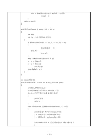 min = NextMoves(board, x+dx[i], y+dy[i]);
                             result = i;
        }
    return result;
}


void InPoint(board_t board, int x, int y)
{
        int way;
        for (;s_t+1<X_SIZE*Y_SIZE;)
    {
        if (NextMoves(board, STX[s_t], STY[s_t]) == 0)
        {
                             board[x][y] = -1;
            pop_x();
                             pop_y();
        }
        way = MinNextWay(board, x, y);
        x = x + dx[way];
        y = y + dy[way];
                   add_s(x,y);
        board[x][y] = s_t;
    }
}


int ssway[90]={0};
void Rway(board_t board, int x,int y)//x=stx, y=sty
{
        printf("s_t?%dn",s_t);
        printf("ssway[s_t]?%dn",ssway[s_t+1]);
        if(s_t>=87)//스텍이 90개 쌓이면 끝내기
        {
                   printf("쫑");
                   return;
        }
        else if(InBoard(x, y)&&NextMoves(board, x, y)>0)
        {
                   printf("들왔? %dn",ssway[s_t+1]);
                   x = STX[s_t] + dx[ssway[s_t+1]];
                   y = STY[s_t] + dy[ssway[s_t+1]];


                   if(Access(board, x, y))//이동한곳이 되는 자리면 ?
                   {




                                    - 10 -
 