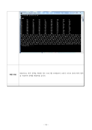 되돌아오는 퇴각 검색을 계속할 경우 프로그램 오버플로어 오류가 나므로 휴리스틱의 법칙
최종 반성
        을 이용하여 문제를 해결하였 습니다.




                          - 13 -
 