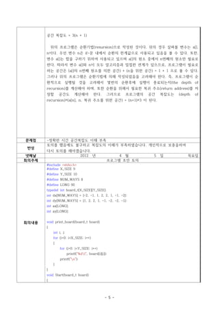 공간 복잡도 = 3(n + 1)


           위의 프로그램은 순환기법(resursion)으로 작성된 것이다. 위의 경우 살펴볼 변수는 a[],
       n이다. 우선 변수 n은 if-문 내에서 순환의 한계값으로 사용되고 있음을 볼 수 있다. 또한,
       변수 a[]는 합을 구하기 위하여 사용되고 있으며 a[]의 원소 중에서 n번째의 원소만 필요로
       한다. 따라서 변수 a[]와 n이 모두 알고리즘과 밀접한 관계가 있으므로, 프로그램이 필요로
       하는 공간은 (a[]의 n번째 원소를 의한 공간) + (n을 위한 공간) = 1 + 1 으로 볼 수 있다.
       그러나 위의 프로그램은 순환기법에 의해 작성되었음을 고려해야 한다. 즉, 프로그램이 순
       환적으로 실행될 것을 고려해서 몇번의 순환후에 실행이 종료되는지(the depth of
       recursion)를 계산해야 하며, 또한 순환을 위해서 필요한 복귀 주소(return address)를 저
       장할       공간도          계산해야         한다.      그러므로   프로그램의   공간   복잡도는   (depth   of
       recursion)×(a[n], n, 복귀 주소를 위한 공간) = (n+1)×3 이 된다.




문제점    -정확한 시간 공간복잡도 이해 부족
       토의를 했음에도 불구하고 복잡도의 이해가 부족하였습니다. 개인적으로 보충을하여
 반성
       다시 토의를 해야겠습니다.
넷째날              2012 년                                4 월         5   일          목요일
회의주제                                               프로그램 초안 토의
       #include <stdio.h>
       #define X_SIZE 9
       #define Y_SIZE 10
       #define NUM_WAYS 8
       #define LONG 90
       typedef int board_t[X_SIZE][Y_SIZE];
       int dx[NUM_WAYS] = {-2, -1, 1, 2, 2, 1, -1, -2};
       int dy[NUM_WAYS] = {1, 2, 2, 1, -1, -2, -2, -1};
       int ax[LONG];
       int ay[LONG];


회의내용   void print_board(board_t board)
       {
            int i, j;
            for (i=0; i<X_SIZE; i++)
            {
                 for (j=0; j<Y_SIZE; j++)
                        printf("%dt", board[i][j]);
                 printf("n");
            }
       }
       void Start(board_t board)
       {




                                                  - 5 -
 